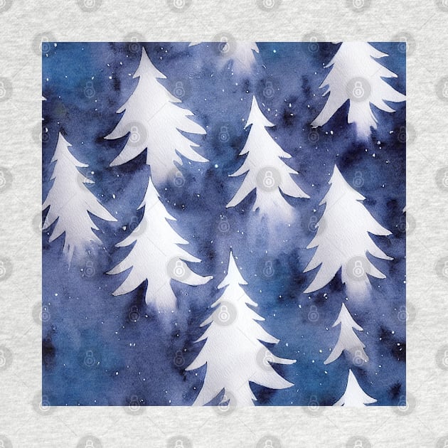 Watercolor Blue and White Christmas Trees by VintageFlorals